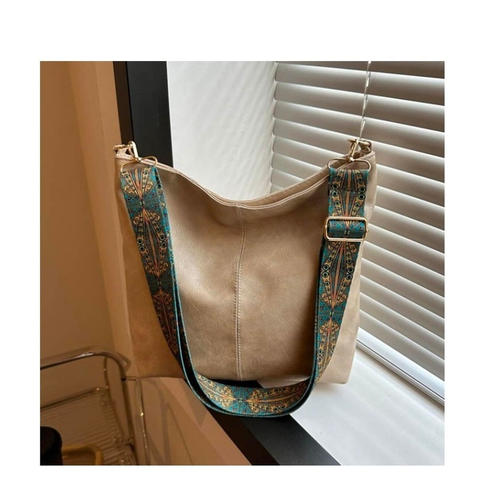 Women's Beige Faux Leather Hobo Bag With Embellished Strap
